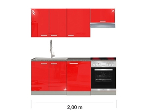Küchenblock Rose mit Ceranherd und Dunstabzugshaube 2,00m hochglanz-rot/grau