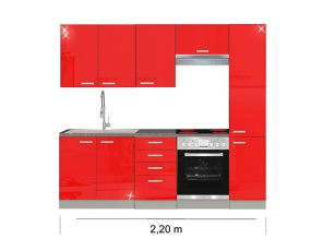 Küchenblock Rose mit Ceranherd und Dunstabzugshaube 2,20m hochglanz-rot/grau