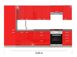 Küchenblock Rose mit Ceranherd, Kühlkombi und Dunstabzugshaube 3,20m hochglanz-rot/grau