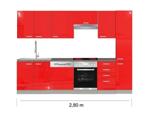 Küchenblock Rose mit Ceranherd, Geschirrspüler und Dunstabzugshaube 2,80m hochglanz-rot/grau