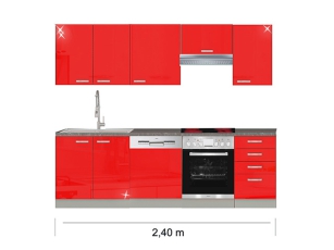 Küchenblock Rose mit Ceranherd, Geschirrspüler und Dunstabzugshaube 2,40m hochglanz-rot/grau