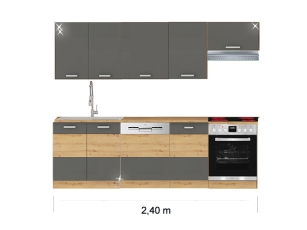 Küchenblock Artisan mit Ceranherd, Geschirrspüler und Dunstabzugshaube 2,40m hochglanz-grau/artisan-eiche