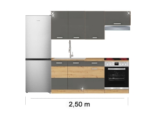 Küchenblock Artisan mit Ceranherd, Kühlkombination und Dunstabzugshaube 2,50m hochglanz-grau/artisan-eiche