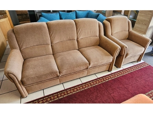 Eckcouch mit Schlaffunktion und Bettkasten und Sessel beige gemustert (gebraucht)