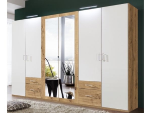 Kleiderschrank Freiburg 6-türig mit Spiegeln plankeneiche-weiss