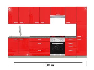 Küchenblock Rose mit Ceranherd und Dunstabzugshaube 3,00m hochglanz-rot/grau