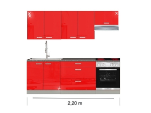 Küchenblock Rose mit Ceranherd und Dunstabzugshaube 2,20m hochglanz-rot/grau