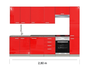 Küchenblock Rose mit Ceranherd und Dunstabzugshaube 2,80m hochglanz-rot/grau