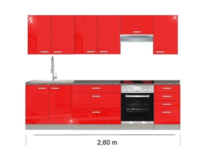 Küchenblock Rose mit Ceranherd und Dunstabzugshaube 2,60m hochglanz-rot/grau