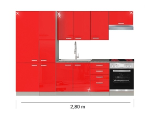 Küchenblock Rose mit Ceranherd, Kühlkombi und Dunstabzugshaube 2,80m hochglanz-rot/grau