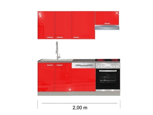 Küchenblock Rose mit Ceranherd, Geschirrspüler und Dunstabzugshaube 2,00m hochglanz-rot/grau