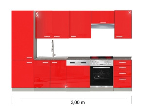 Küchenblock Rose mit Ceranherd, Geschirrspüler, Kühlkombination und Dunstabzugshaube 3,00m hochglanz-rot/grau