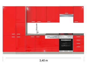 Küchenblock Rose mit Ceranherd, Geschirrspüler, Kühlkombination und Dunstabzugshaube 3,40m hochglanz-rot/grau