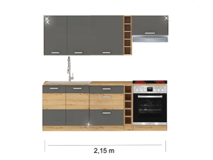 Küchenblock Artisan mit Ceranherd und Dunstabzugshaube 2,15m hochglanz-grau/artisan-eiche