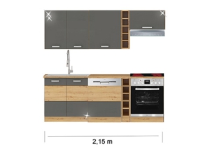 Küchenblock Artisan mit Ceranherd, Geschirrspüler und Dunstabzugshaube 2,15m hochglanz-grau/artisan-eiche