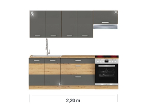 Küchenblock Artisan mit Ceranherd und Dunstabzugshaube 2,20m hochglanz-grau/artisan-eiche
