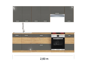 Küchenblock Artisan mit Ceranherd und Dunstabzugshaube 2,60m hochglanz-grau/artisan-eiche