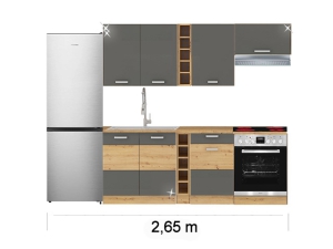 Küchenblock Artisan mit Ceranherd, Kühlkombination und Dunstabzugshaube 2,60m hochglanz-grau/artisan-eiche