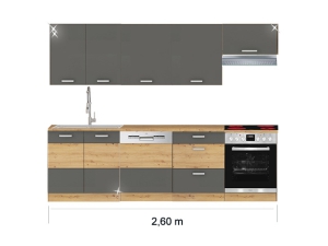 Küchenblock Artisan mit Ceranherd, Geschirrspüler und Dunstabzugshaube 2,60m hochglanz-grau/artisan-eiche