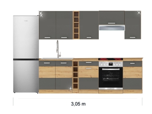Küchenblock Artisan mit Ceranherd, Kühlkombination und Dunstabzugshaube 3,05m hochglanz-grau/artisan-eiche