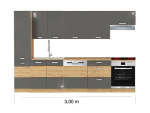 Küchenblock Artisan mit Ceranherd, Geschirrspüler und Dunstabzugshaube 3,00m hochglanz-grau/artisan-eiche