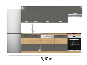 Küchenblock Artisan mit Ceranherd, Geschirrspüler, Kühlkombination und Dunstabzugshaube 3,05m hochglanz-grau/artisan-eiche