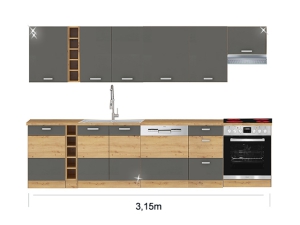 Küchenblock Artisan mit Ceranherd, Geschirrspüler und Dunstabzugshaube 3,15m hochglanz-grau/artisan-eiche