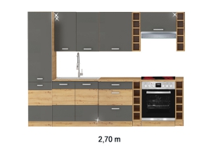 Küchenblock Artisan mit Ceranherd und Dunstabzugshaube 2,70m hochglanz-grau/artisan-eiche